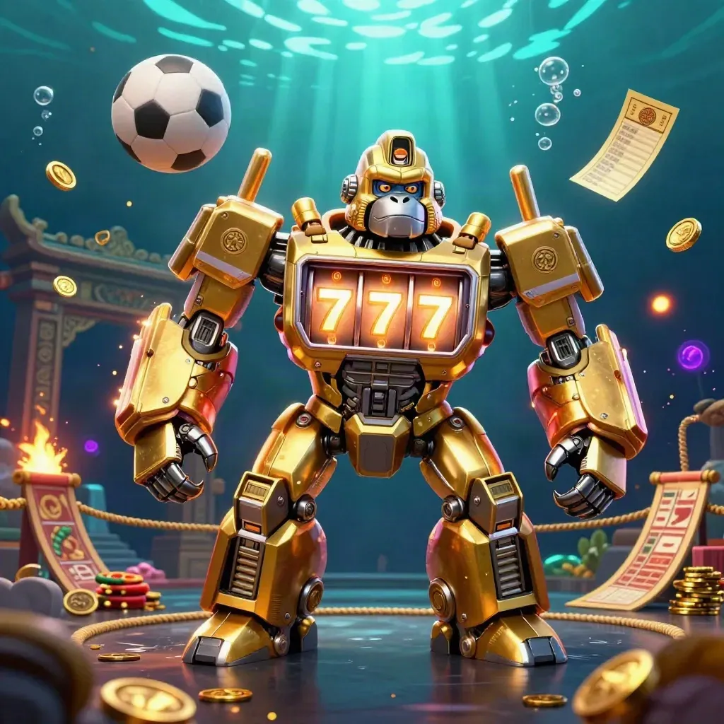 Golden gorilla slot-mech with monkey pilot, balls, coins and underwater casino glow