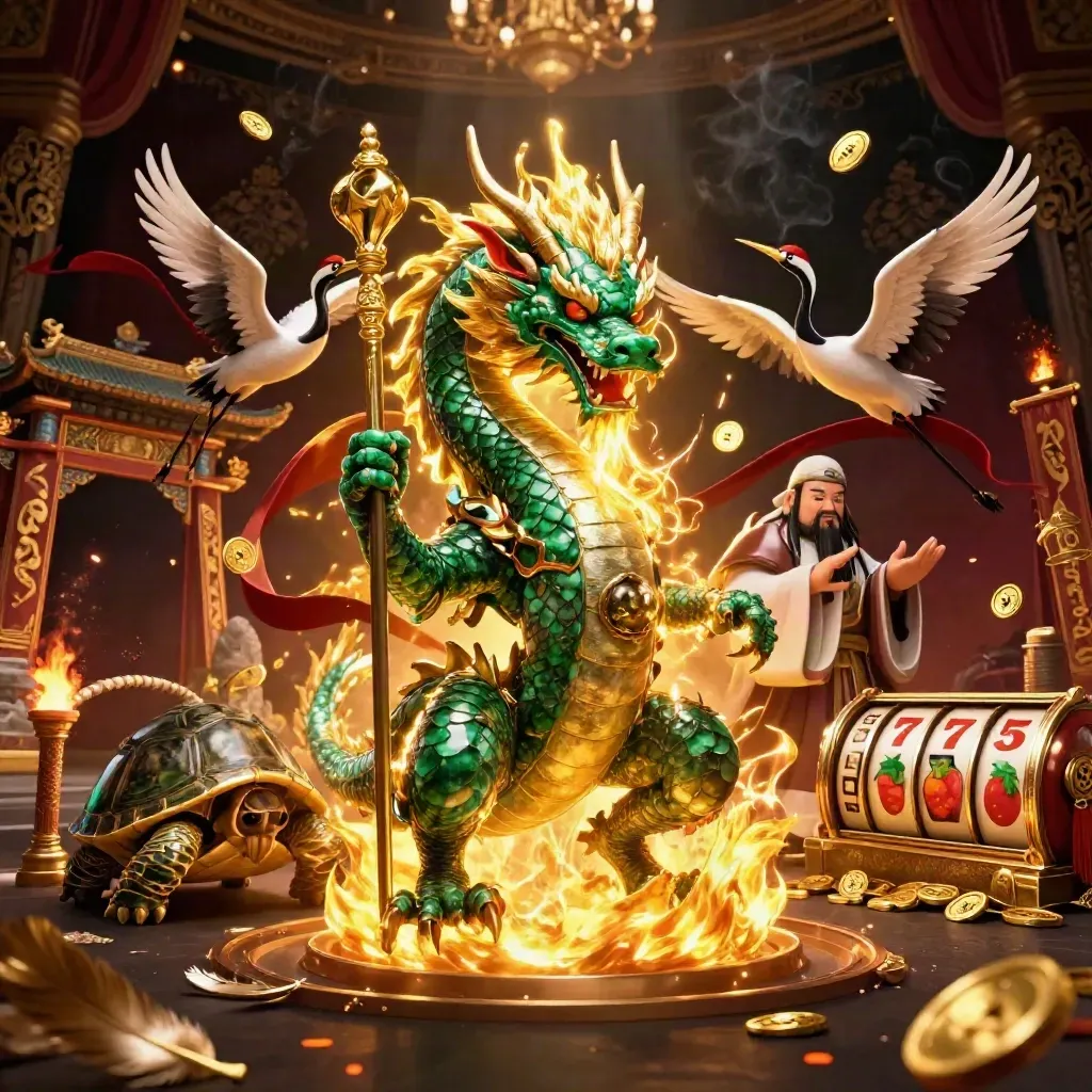Emerald dragon, turtle sage, and cranes amid gold fire, coins, temple gate, and casino glow.