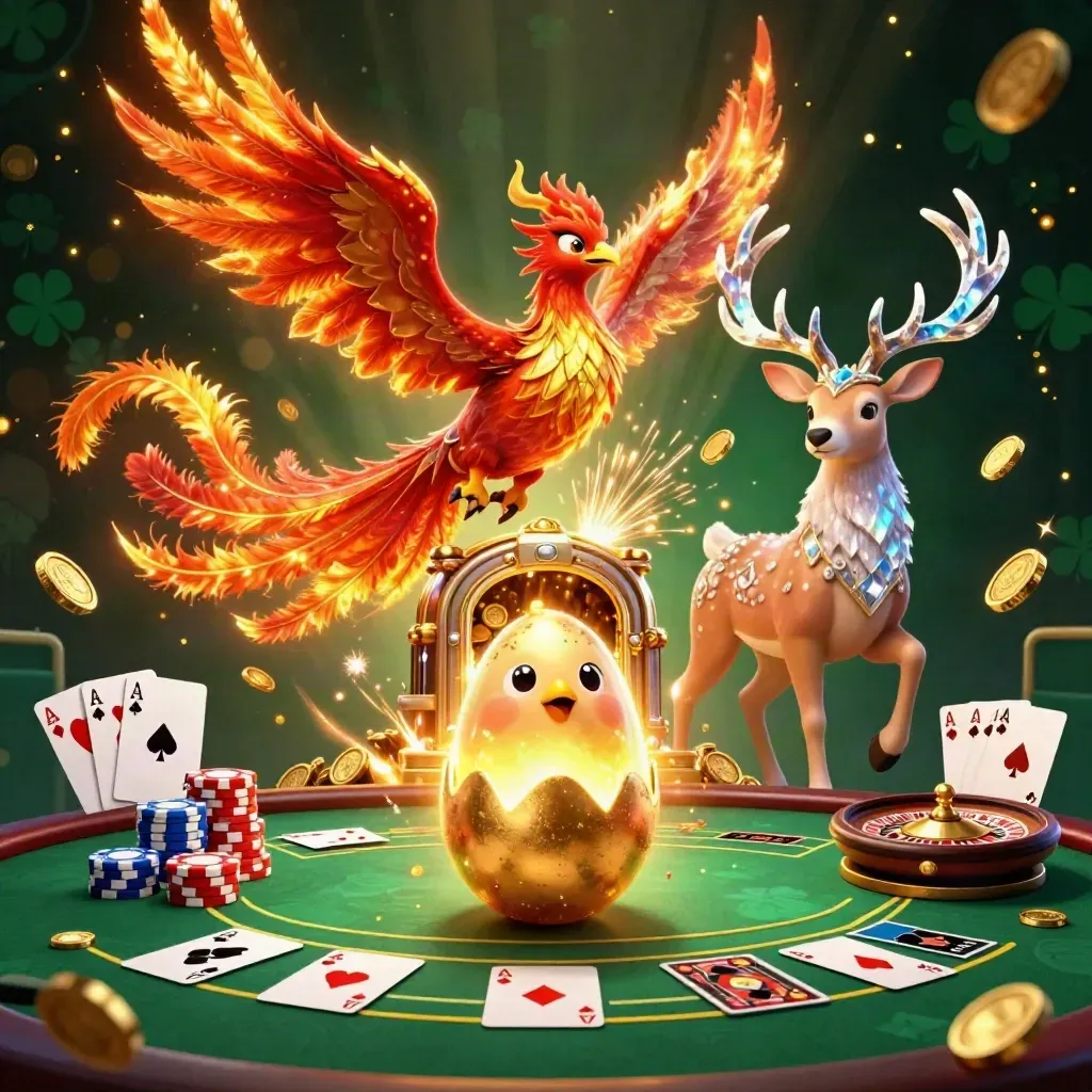 Phoenix trio amid casino cards, coins, and glowing royal treasure in a dark emerald burst.