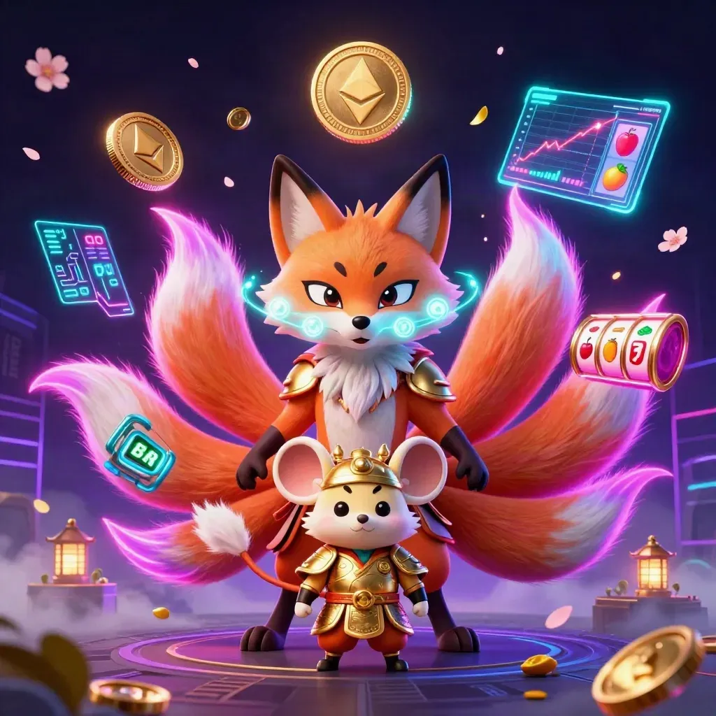 Nine-tailed fox spirit and samurai mouse amid neon casino coins, reels, and glowing runes