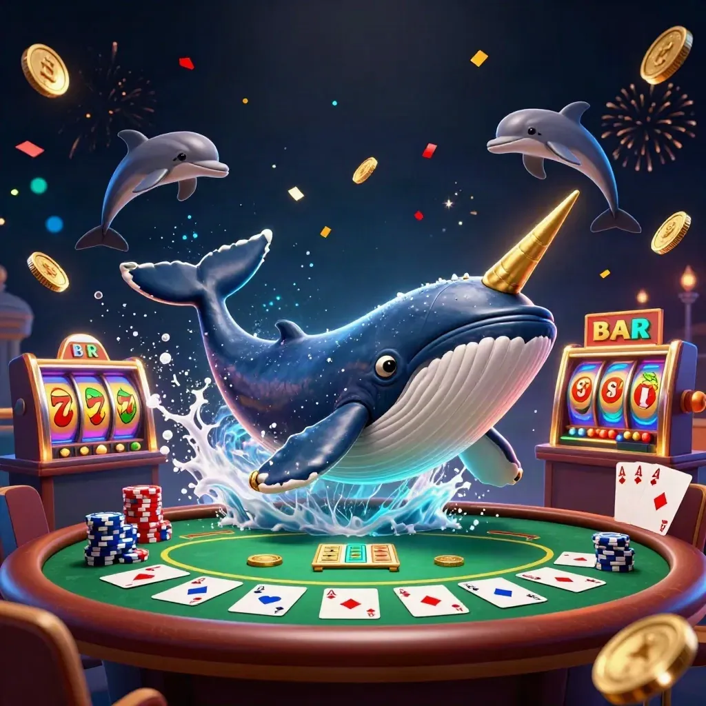 Captain whale, narwhal, and dolphins amid coins, chips, cards, reels, and casino sparkles.